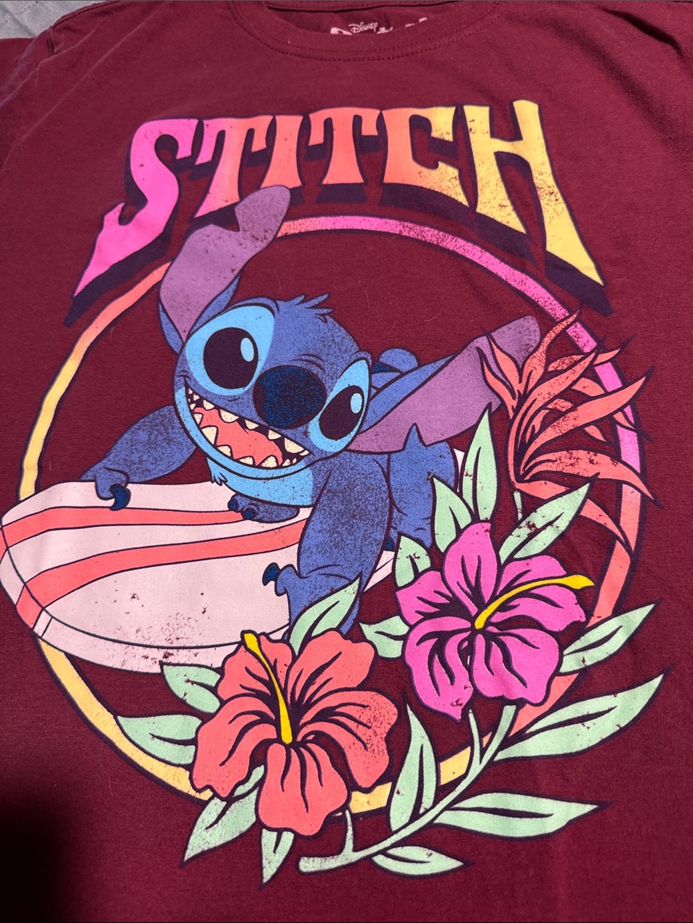 Disney Youth Stitch Surf Graphic Tee - Maroon with Blue & Pink Accents - Picture 3 of 6
